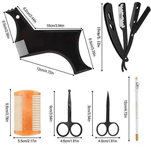 Beard Shaper, Beard Shaping Tools, Include Beard Template Guide, Professional Straight Edge Razor, 10 Count of Double Edge Blade, Barber Pencil, Beard Comb, 2 Stainless Steel Scissors