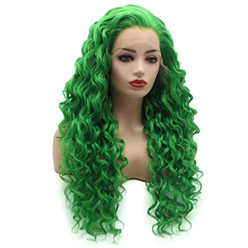 Hair Curly Long 26inch Green Half Hand Tied Heat Resistant Synthetic Lace Front Wigs
