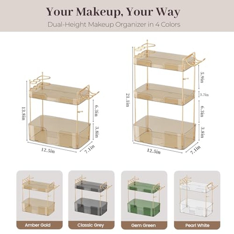 Aveniee Bathroom Counter Organizer,3 Tier Skincare Perfume Countertop Storage with Hair Dryer Rack and Toothbrush Holder, Cosmetic Makeup Tray for Vanity - Gold