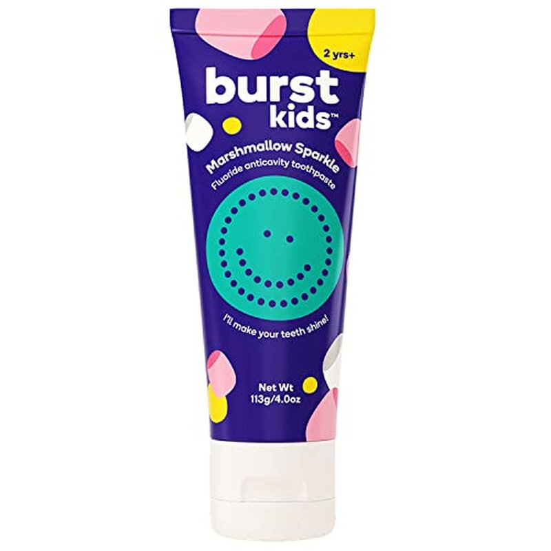 BURST Marshmallow Sparkle Kids Toothpaste with Fluoride (4oz) | Great Tasting | Flavored for Children & Toddlers | Anticavity | Dye Free & Vegan | Safe for Kids Ages 2+