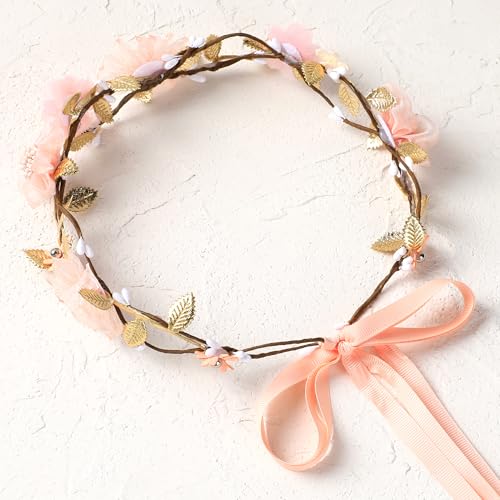 Pink Flower Crown Headband - Floral Headband for Women Floral Girl Headpiece Fairy Flower Renaissance Hair Accessory for Girls Women Birthday Wedding Party Photo Props