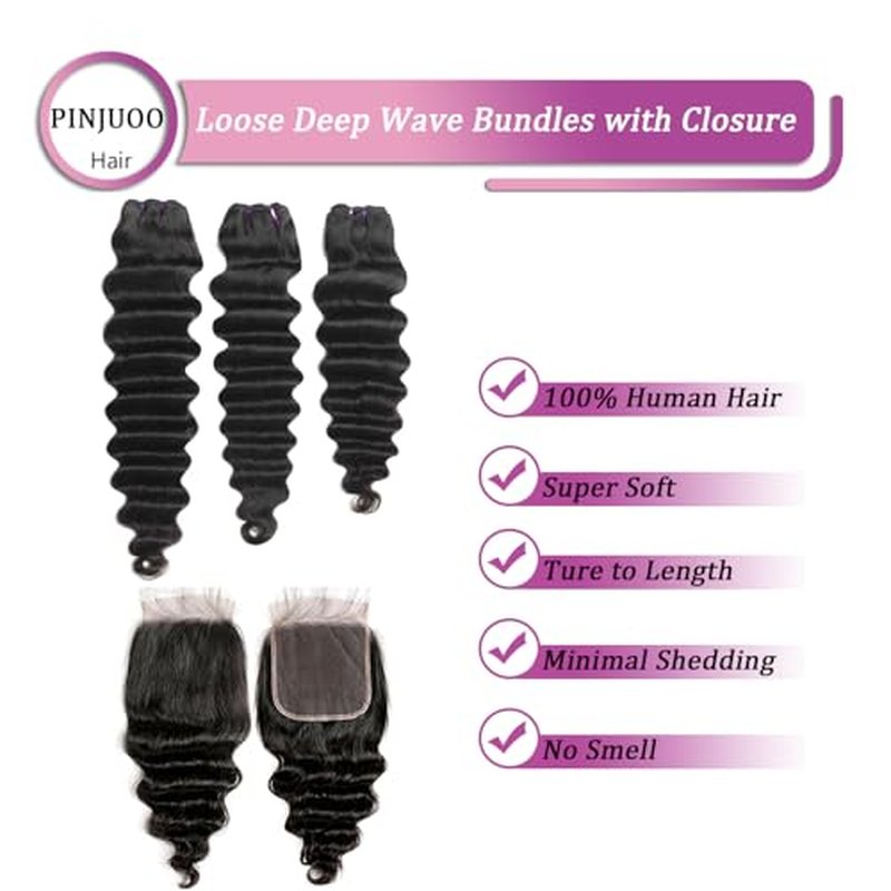 Loose Deep Wave 3 Bundles with 4x4 HD Lace Closure 16 18 20+14 Inch 100% Unprocessed Remy Brazilian Hair Wet and Wavy Bundles with Closure Human Hair Natural Black Color for Women