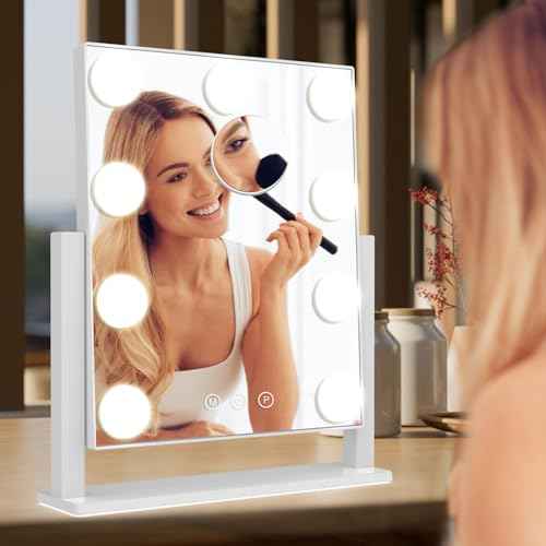 Vanity Mirror with Lights, Hollywood Lighted Makeup Mirror with 3 Color Lighting Modes and 9 Dimmable Bulbs, Detachable 5X Magnification, Smart Touch Control, 360¡ÆRotation, White