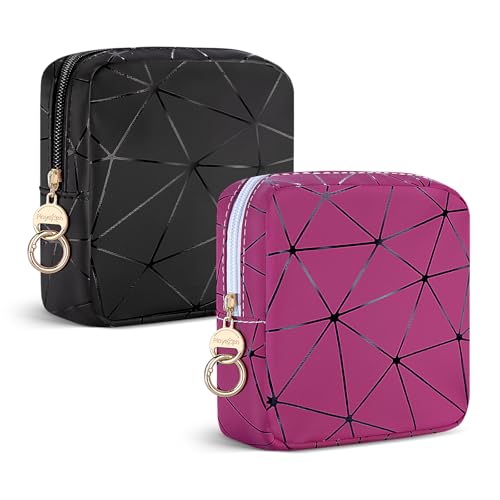 2 PCS Mini Makeup Bag for Purse, Small Cosmetic Bag Set for Women Girls, Small Travel Makeup Pouches for Purse (Black+Rose Red)