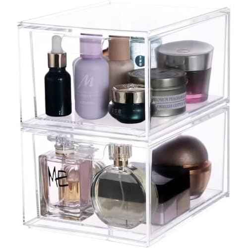 Cq acrylic Stackable Storage Drawers Set of 2,Under Cabinet Stackable Bins and Pull out Drawers Storage Container,4.4'' Tall Clear Plastic Organizer Bins for Makeup,Beauty Product,Machine Organizing