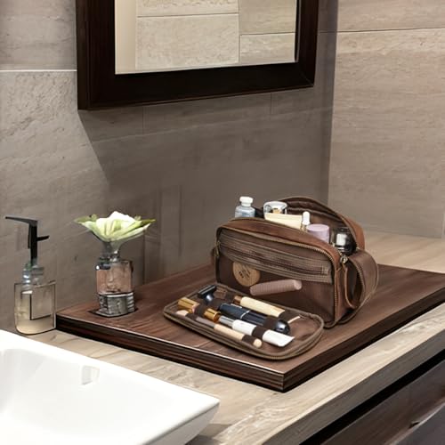 S-ZONE Leather Travel Toiletry Bag for Men Women Traveling Cosmetic Shaving Bags Dopp Kit