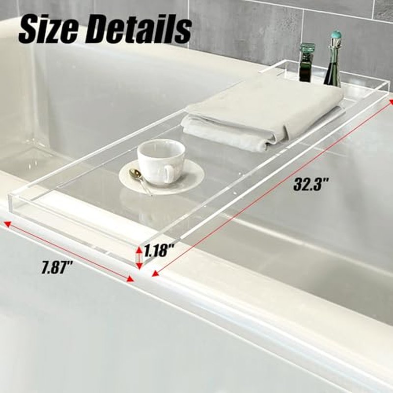 Acrylic Bathtub Tray Bath Caddy for Tub, Clear Bath Tray with Soap Box, 32.3 x 7.87 x 1.18 Inches