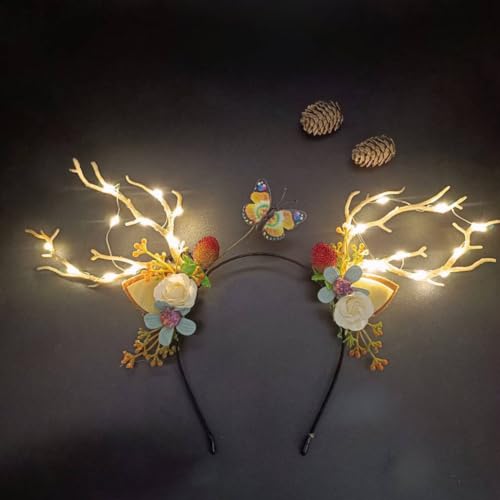 LED Christmas Headband Light up Deer Antlers Headpiece Reindeer Ears Headbands Holiday Headpiece Xmas Hair Accessories (Warm white light)
