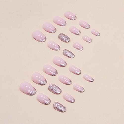 Short Almond False Nails French Press on Nails Bling Fake Nails Acrylic Glossy Cute Nails Tips for Women and Girls 24PCS