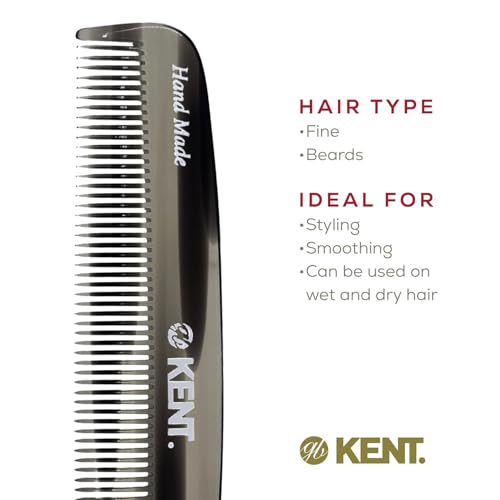 Kent 7T G All Fine Tooth Pocket Comb - Handmade Grooming Comb for Styling, Travel, Mustache and Beard Care - Saw Cut and Hand Polished