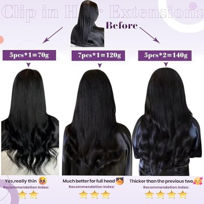 LaaVoo Hair Extensions Clip in Human Hair Black Real Human Hair Clip in Extensions 150g Jet Black 20 Inch 7pcs