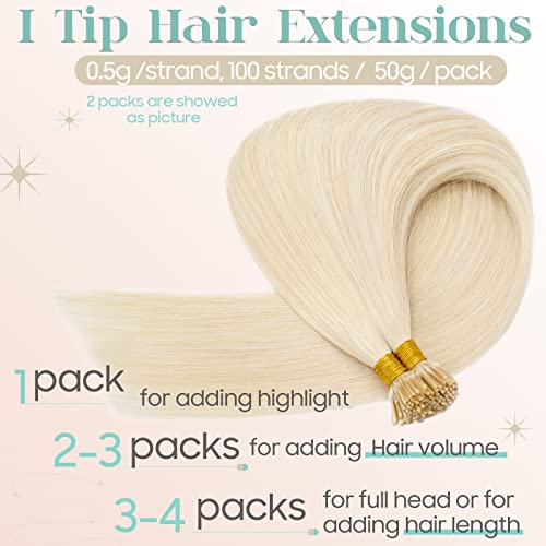 S-noilite Pre bonded I Tip Hair Extensions Human Hair Cold Fusion Stick Tip Real Human Hair Piece Invisible Keratin Glue Hair Extensions Full Head 100 Strands 50g 16 Inch (#60 Platinum Blonde)