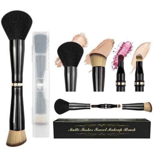 4 in 1 Makeup Brush Set - All in One Powder/Blush, Foundation, Blending & Eyeshadow Brushes, Compact & Travel Essential