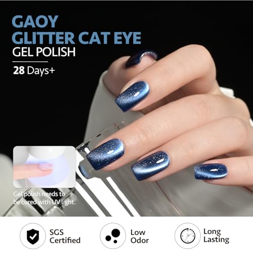 GAOY 16ml Deep Blue Cat Eye Gel Nail Polish, Glitter Holographic Nail Polish with Magnet, Reflective Translucent UV Gel, 2929 Mystic Blue