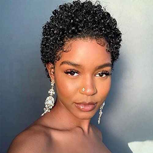 Star Flower Short Curly Wigs Human Hair Afro Kinky Curly Wig Pixie Cut Wig Human Hair 150% Density None Lace Front Black Wigs