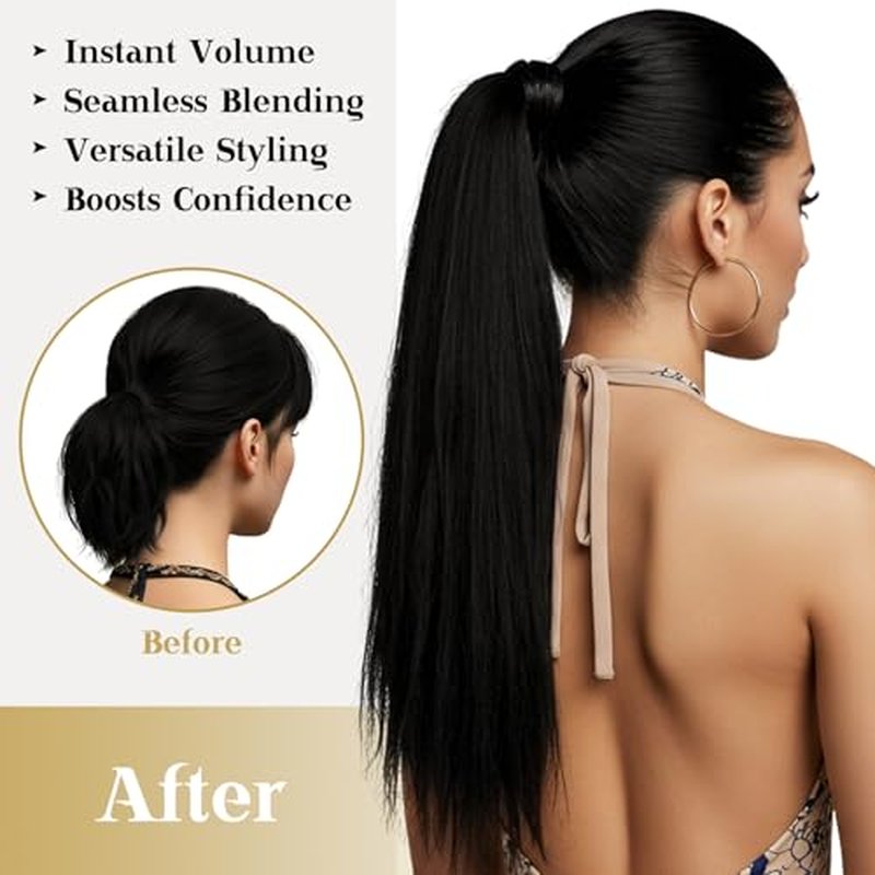 Ve Sunny Ponytail Extension Real Human Hair for Women Clip in Ponytail Hair Extension Straight Hair Pieces Wrap Around Jet Black 20inch 80G