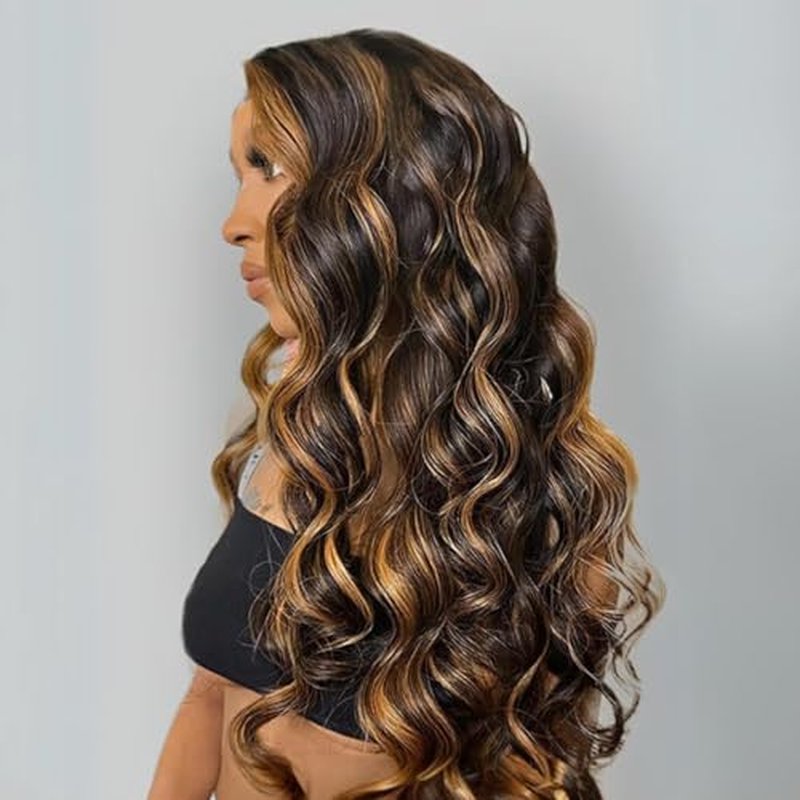 BQRIH 12A Brown Highlight Body Wave Bundles Human Hair 14 16 18 In Brazilian Virgin Wavy Weaves F1B/30 Black and Honey Blonde Ombre 3 Bundles Soft Balayage Colored Human Hair Extensions For Women Remy
