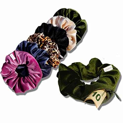 Velvet Scrunchie Set of 6 | Hidden Zipper Pocket Storage for Cash, Keys, Chapstick | Women's Hair Accessory
