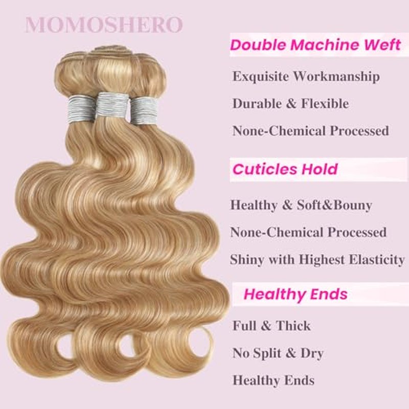 F27/613 Blonde Highlight Human Hair Bundles Body Wave, 13A Soft Honey Blonde Body Wave 3 Bundle Healthy 100% Virgin Hair #27/613 Highlight Mix Colored Wavy Weave for Women 3pcs 10 12 14 Inch