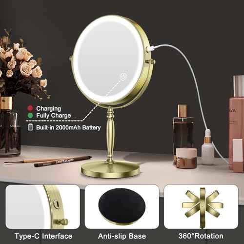 Matekxy 8" Lighted Makeup Mirror with Magnification - 1X/10X Magnifying Desk Mirror with Rechargeable LED Lights, 3 Colors Dimmable Tabletop Mirror, Brass Gold
