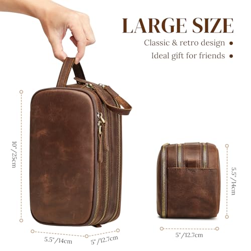 S-ZONE Leather Travel Toiletry Bag for Men Women Traveling Cosmetic Shaving Bags Dopp Kit