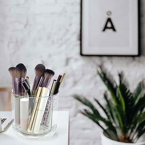 Makeup Brush Holder 360 Rotating Makeup Brushes Organizer for Vanity, 5 Slots Makeup Organizers & Storage, Multi-Functional Pencil Pen Holder for Desk, Cosmetic Storage Container Cup (Clear)