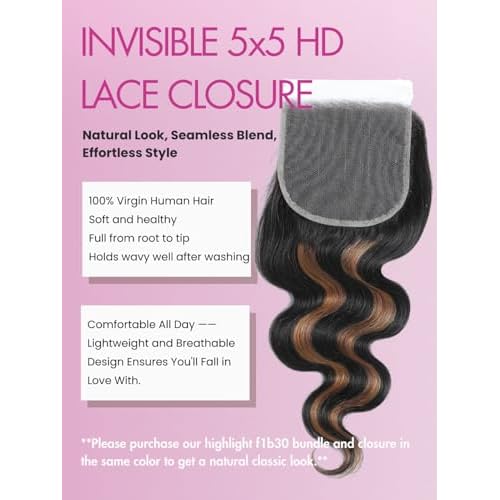 5X5 HD Lace Closure Human Hair Body Wave, 12A Honey Blond Highlight Transparent Deep Part Natural Hairline, 100% Virgin Hair Black With Highlight Color 14 Inches