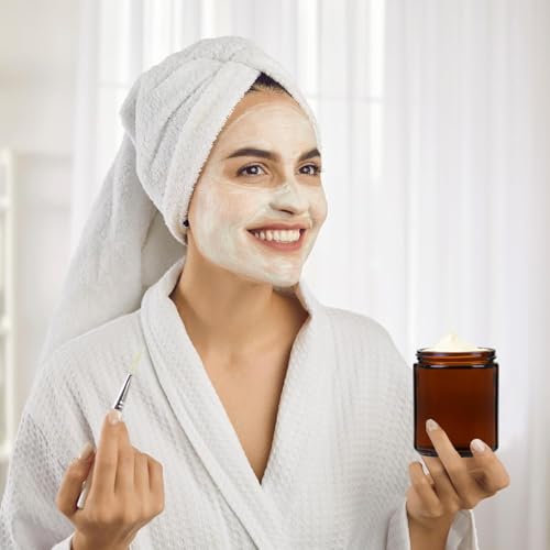 12 Pack 8 oz Round Amber Glass Cosmetic Jars with Black Lids, Spatula, Chalk Labels, Pen, Candle Holder, Refillable Containers for Makeup, Cream, Sugar Scrubs, Bath Salts