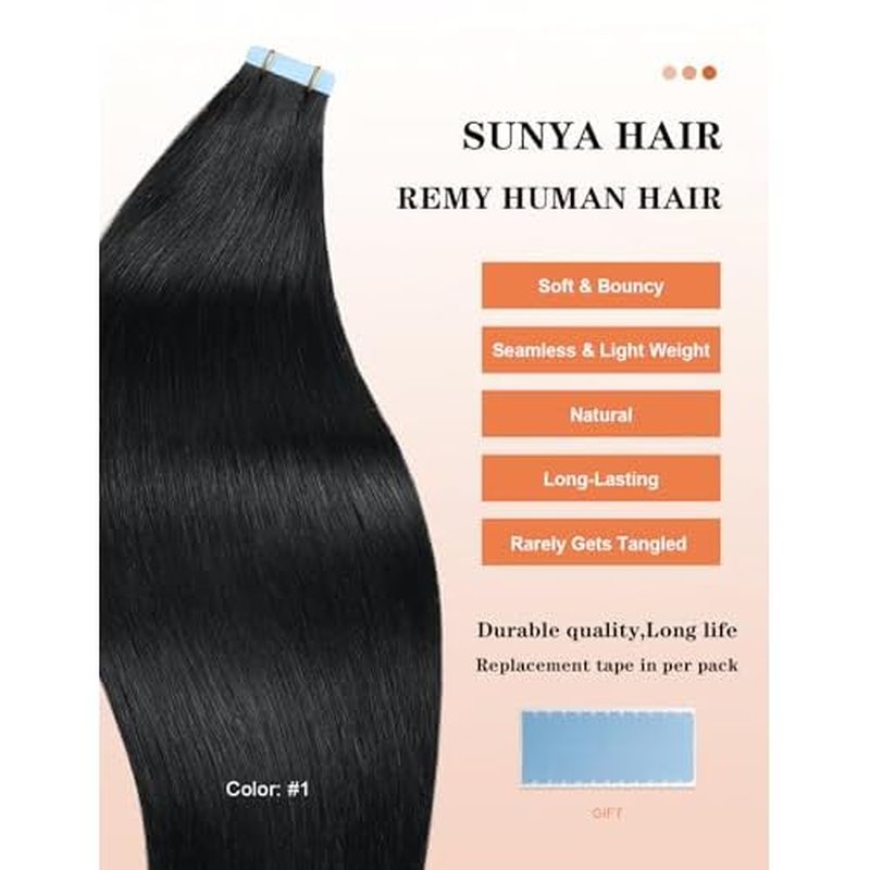 Sunya Tape in Hair Extensions Human Hair Jet Black 26 Inch Straight Black Tape in Hair Extensions #1 60g 20Pcs/Pack