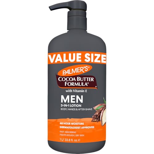 Palmer's Cocoa Butter Formula Men's Face Moisturizer & Body Lotion for Dry Skin, 33.8 oz, 3-in-1 Fast Absorbing Lotion for Men, 48-Hr Hydration with Vitamin E, Soothes Dryness, Dermatologist Approved