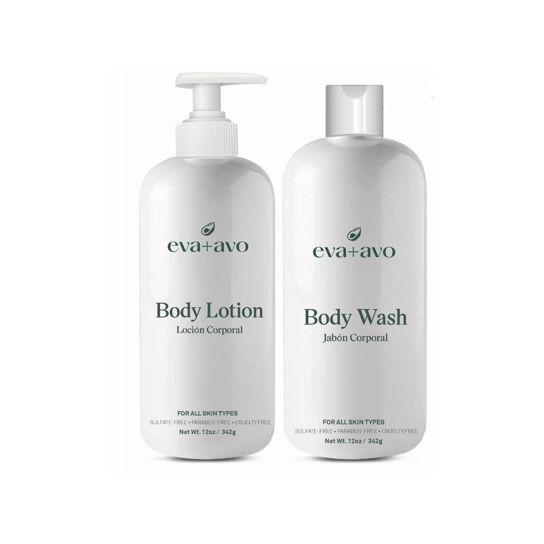 Eva+Avo Body Lotion + Body Wash Duo with Avocado, Hydrating and Nourishing Treatment for Dry, Dehydrated, or Sensitive Skin, Moisture-Rich and Restorative Solution for Soft, Smooth, and Radiant Skin