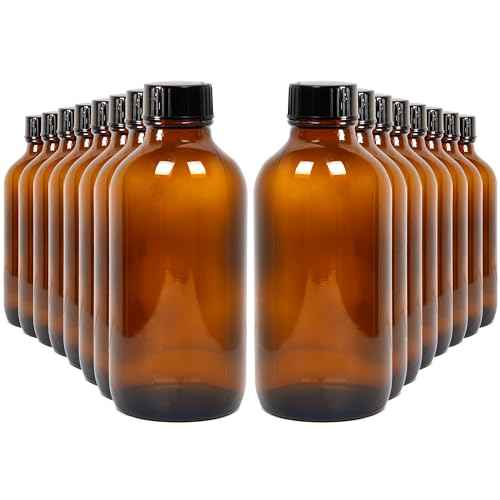 Youngever 12 Pack Empty Glass Bottles with Lids, Amber Glass Tight Seal Lids, Refillable Container for Essential Oils, Vanilla Extract and More (4 Ounce)