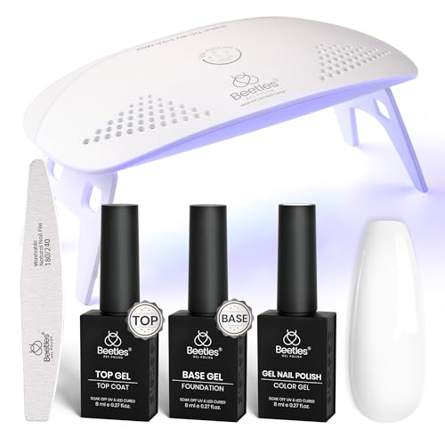 Beetles White Gel Nail Polish Kit with U V Light, 5 Pcs Gel Polish Starter Kit with Base & Top Coat and Nail File for Beginners Soak Off White DIY Art Set Manicure Gifts for Women Girls Teens