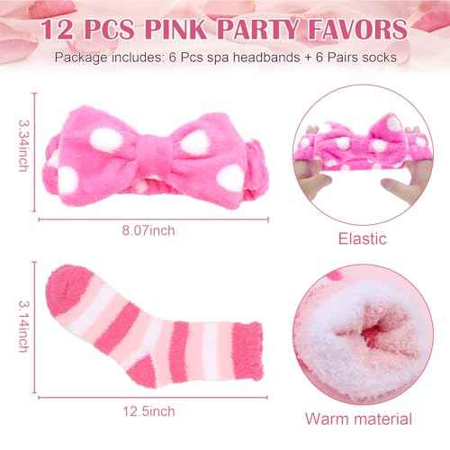 WHAVEL Sleepover Party Supplies for Girls - Pink Party Favors Include 6 Spa Headbands, 6 Fuzzy Socks Slippers for Spa Birthday, Bachelorette, Slumber, Pajama Party