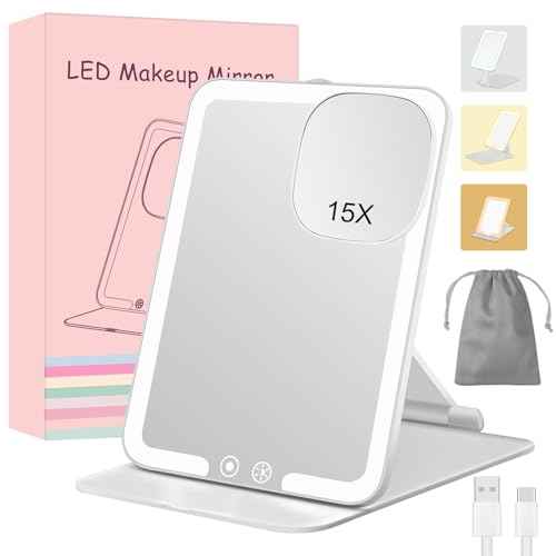 15X Travel Makeup Mirror with Lights,Rechargeable Portable 1X Vanity Mirror with 15X Magnifying Mirror,Folding Lighted Cosmetic Vanity Mirror with Adjustable Stand,3 Color Lighting,Dimmable