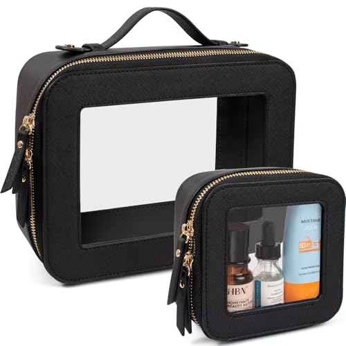 LETGO Clear Makeup Bags Set - TSA Approved Toiletry Bag with Handle Large Opening, Clear Toiletry Bags Case Pouch for Traveling Travel Car Orangizer Storage Essentials (Mini+Large Black)