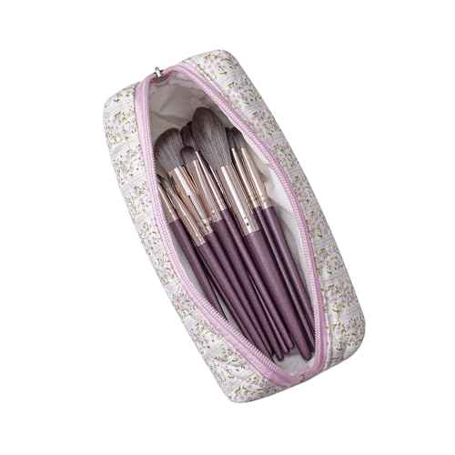 Cute Floral Cotton Makeup Brush Cosmetic Bag for Women, Travel Quilted Zipper Make Up Bag, Flowers Toiletry Organizer Case Kawaii Makeup Cosmetic Travel Cloth Pouch (Pink Floral)