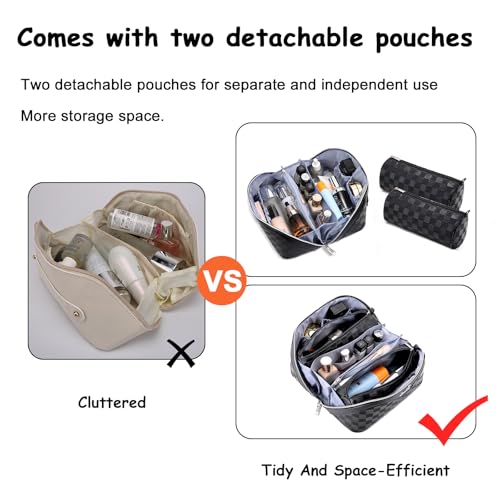 BOYATU Travel Makeup Bag Organizer Cosmetic Bag: 3 Pcs Set Make up Bags for Women with Handle - Waterproof Vegan Leather Toiletry Bags Travel Essentials Pouch with Compartments (01-Black)