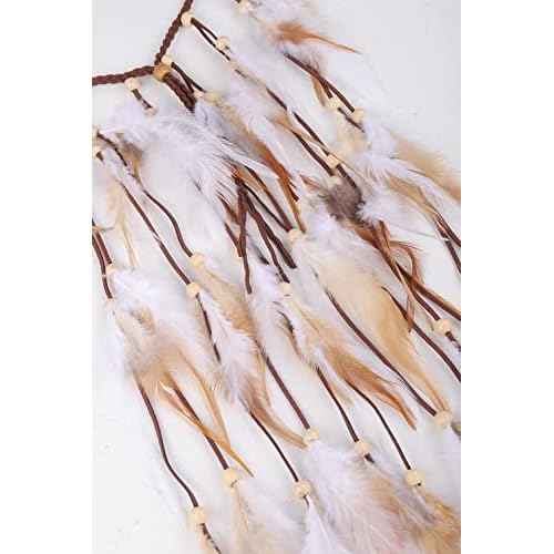 Jumwrit Bohemian Feather Headband Indian Gypsy Headpiece with White and Brown Feather Tassel Adjustable Braided Rope Beaded Hairband Hippie Accessories for Women and Girls