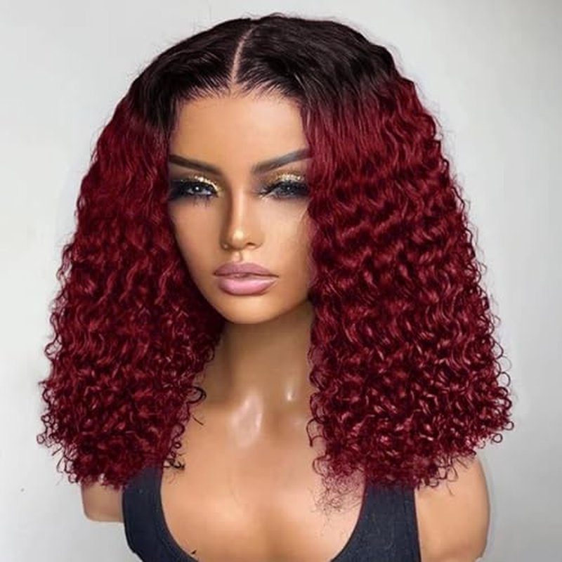 Ombre 99J Burgundy BOB Lace Front Wigs Human Hair For Black Women Wear And Go Glueless Wine Red 13x4 HD Short Deep Wave Curly Frontal BOB Wigs Human Hair Pre Plucked 1B/99J 16 Inch
