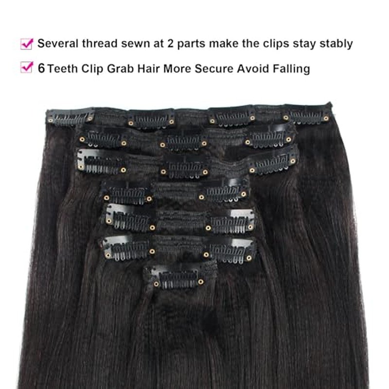 Lovrio Light Yaki Straight Clip in Human Hair Extensions Double Weft Straight Clip in Hair Extensions Human Hair for Black Real Thick 22 Inch Natural Black Yaki Clip ins Hair120G 7 Pieces, 17 Clips