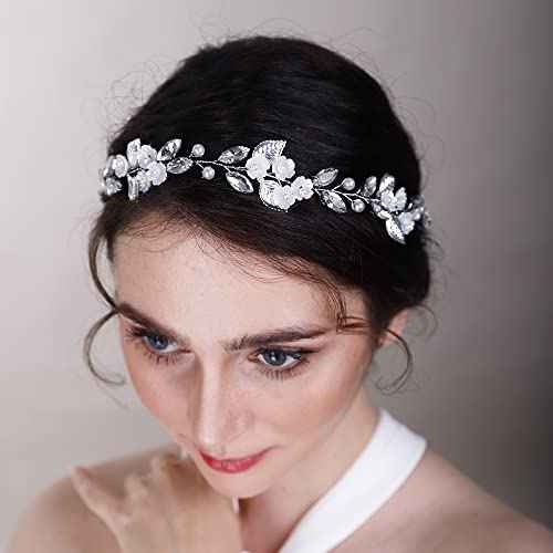 Flower Leaf Crystal Wedding Hair Vine for Bride Bridesmaid Pearls Crystal Hair Accessories for Women and Girls Blue