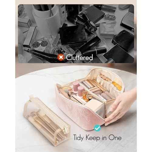 Vlando Makeup Bag,Large Capacity Toiletry Bag for Women Waterproof Portable Make up Pouch PU Leather Open Flat Cosmetic Bag(Sand Pink)