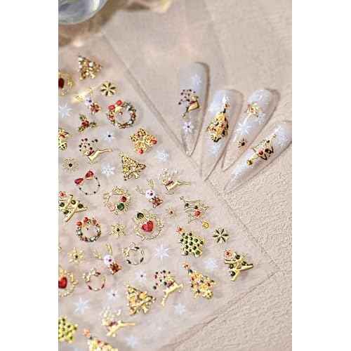 Christmas Nail Art Stickers 5D Embossed Shiny Gold Xmas Tree Nail Stickers Elk Wreath Snowflake Nail Decals for Women Girls Winter Holiday Manicure DIY Nail Supplies
