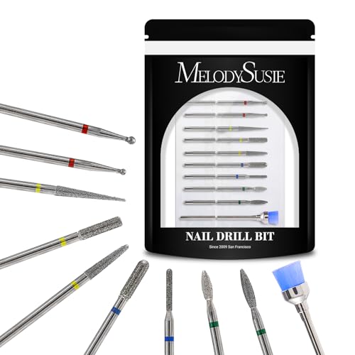 MelodySusie 10pcs Nail Drill Bits Set, 3/32 Inch Diamond Cuticle Nail Bits Kit for Nail Drill E-File, Manicure Pedicure Remover Tools for Acrylic Gel Nails, Salon Home Nail Care Supplies, Silver
