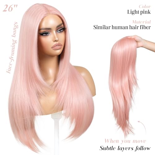 Light Pink Wear and Go Glueless Wig with Bangs Pink Wigs for Women Layered Synthetic Lace Front Wig Pre Plucked Pre Cut Ready to Wear 13x5x1 HD Lace Middle Part 26 Inch