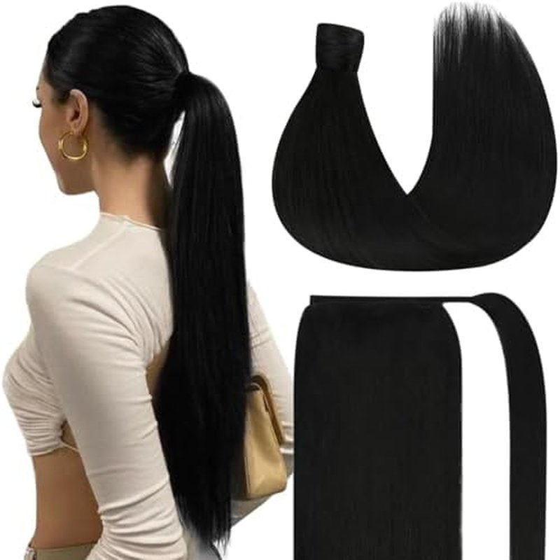 Ve Sunny Ponytail Extension Real Human Hair for Women Clip in Ponytail Hair Extension Straight Hair Pieces Wrap Around Jet Black 20inch 80G
