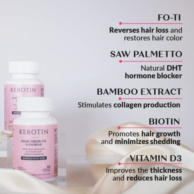 Kerotin Hair Growth Supplement for Longer, Stronger Hair - Enriched with Biotin, Folic Acid, Saw Palmetto to Promote Thick, Healthy Hair Growth (3 Months)
