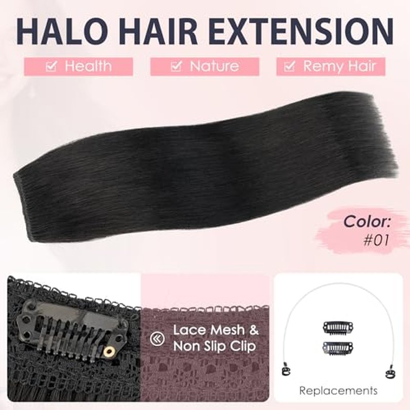 TESS Human Hair Extensions Halo Remy Hair 20 Inch Straight Adjustable Invisible Wire Easy to Use Clip in, Dark Black