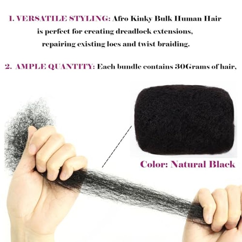 Afro Kinky Bulk Human Hair For Dreadlock Extensions Repair Locs,Twist Braiding, 100% Human Braiding Hair can be bleached and dyed 30Grams each bundles Total (8Inch 10Bundles/Pack #1B)